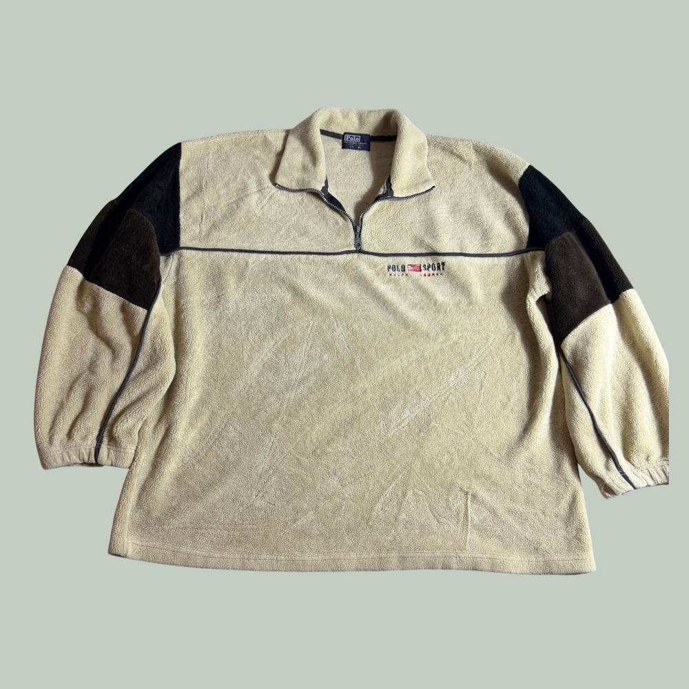 Vintage Polo Sport Ralph Lauren Fleece Quarter Zip Cream Colorblock XL USA Made